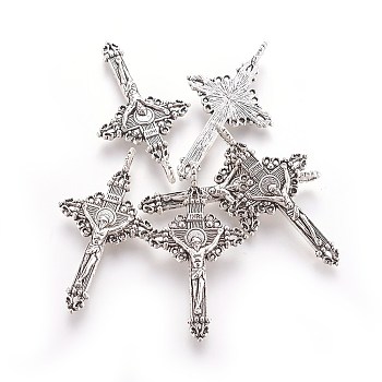 Tibetan Style Alloy Pendants, Cadmium Free & Lead Free, Easter, Crucifix Cross Charms, Antique Silver, 50x28x3mm