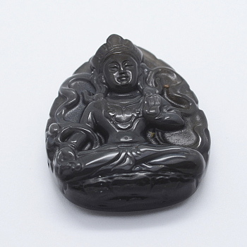 Carved Natural Obsidian Pendants, Buddha, 48x38x12mm, Hole: 1.5mm