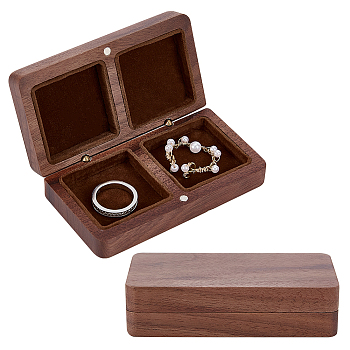 2-Slot Black Walnut Jewelry Magnetic Storage Boxes, Jewellery Organizer Travel Case, with Velvet Inside, for Necklace, Ring Earring Holder, Rectangle, Camel, 10x5.6x2.5cm, Inner Diameter: 3.9x3.9x0.6cm