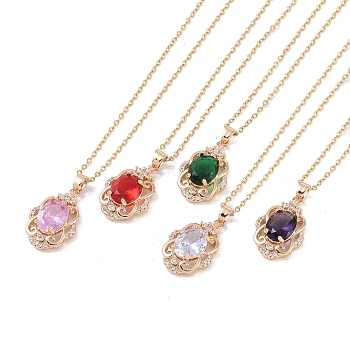 304 Stainless Steel Cable Chain Necklaces, Brass with Cubic Zirconia Pendant Necklaces, Real 18K Gold Plated, Oval, Mixed Color, 15.55 inch(395mm)