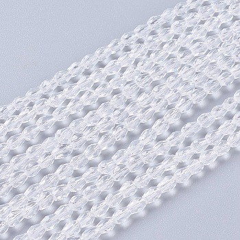 Faceted Glass Beads Strands, Teardrop, Clear, 5x3mm, Hole: 0.5mm, about 85~95pcs/strand, 16.5~18.7 inch(42~47.5cm)