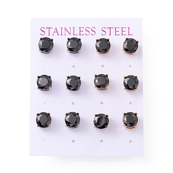 6 Pairs Cubic Zirconia Flat Round Stud Earrings, 304 Stainless Steel Jewelry for Women, Mixed Color, Black, 8mm, Pin: 0.7mm