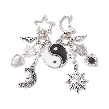 2Pcs Yin-yang Alloy Couple Pendant Decorations, with Alloy Swivel Lobster Clasps, Moon & Star, Antique Silver & Platinum, 89.5mm