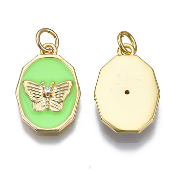 Brass Micro Pave Clear Cubic Zirconia Enamel Pendants, with Jump Ring, Cadmium Free & Nickel Free & Lead Free, Real 16K Gold Plated, Oval with Butterfly, Pale Green, 18.5x12x3mm, Jump Ring: 5x1mm, 3mm inner diameter