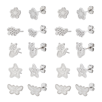 100Pcs 5 Style 304 Stainless Steel Stud Earring Settings, with 100Pcs Stainless Steel Ear Nuts, Flower & Leaf & Star & Cat & Butterfly, Stainless Steel Color, 8~12x8.5~12x1mm, Pin: 0.8mm, 20pcs/style