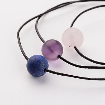 Adjustable Leather Cord Necklaces, with Natural Gemstone Round Beads, 4.33 inch~7.87 inch