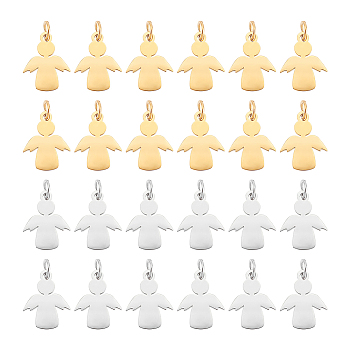 12Pcs 2 Colors 201 Stainless Steel Pendants, Stamping Blank Tag Charms, with Unsoldered Jump Rings, Angel, Golden & Stainless Steel Color, 15x11.5x1mm, Hole: 3mm, Jump Ring: 5x0.8mm, 6pcs/color