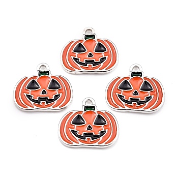 Halloween Alloy Enamel Pendants, Pumpkin Jack-O'-Lantern, Orange Red, Platinum, 19x21x2mm, Hole: 2mm