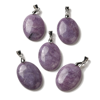 Natural Lepidolite Pendants, Oval Charms with Rack Plating Platinum Plated Brass Snap on Bails, 30x21.5~22x6~6.5mm, Hole: 6x4mm