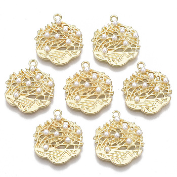 Alloy Pendants, with ABS Plastic Imitation Pearl, Flower, White, Light Gold, 21.5x18x3.5mm, Hole: 1.6mm