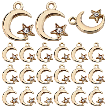 60Pcs Moon & Star Alloy with Rhinestone Small Handmade Pendant Charms, Golden, 16.5x13x2.5mm, Hole: 2mm