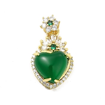 Brass Micro Pave Clear Cubic Zirconia Pendants, with Glass, Heart, Real 18K Gold Plated, Dark Green, 28mm, Hole: 4.5x2.5mm