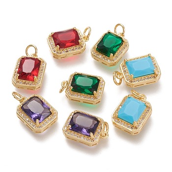 Brass Glass Charms, with Micro Pave Clear Cubic Zirconia and Jump Ring, Rectangle, Real 18K Gold Plated, Mixed Color, 14.5x10.5x5mm, Hole: 3.4mm
