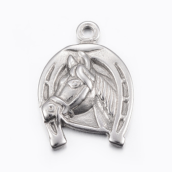 304 Stainless Steel Pendants, Horse with Horseshoes, Stainless Steel Color, 24.5x17x3mm, Hole: 2mm