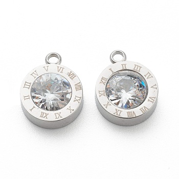 304 Stainless Steel Rhinestone Charms, Flat Round with Roman Numerals, Crystal, Stainless Steel Color, 14x11x4.5mm, Hole: 1.8mm