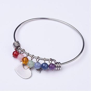 304 Stainless Steel Heart Charm Bangles, with Natural Gemstone Beads, Stainless Steel Color, 2-1/4 inchx2-3/8 inch(57x62mm)
