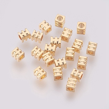 Brass Spacer Beads, Grooved Beads, Nickel Free, Real 18K Gold Plated, Cube, Golden, 3x3x3mm, Hole: 2mm