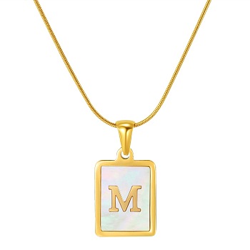 Stainless Steel Snake Bone Chain Alphabet Necklace with Shell Pendant, Letter M, Golden