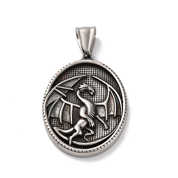 304 Stainless Steel Pendants, Antique Silver, Oval Charm, Dragon, 35.5x26x4mm, Hole: 9x4.5mm