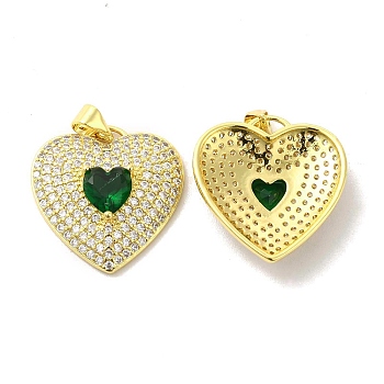 Brass Micro Pave Clear Cubic Zirconia Pendants, with Glass, Heart Charms, Golden, Dark Green, 22x22x6mm, Hole: 5x3.5mm