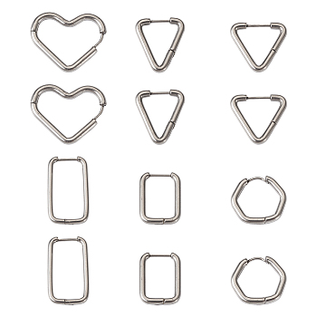 Pet 12Pcs 6 Style 303 Stainless Steel Hoop Earrings for Women, Hypoallergenic and Safe for Sensitive Ears, with 316 Surgical Stainless Steel Pin, Heart & Rectangle & Hexagon & Triangle & Rectangle, Stainless Steel Color, 17~25x15~26x2~2.5mm, Pin: 1mm, 2pcs/style