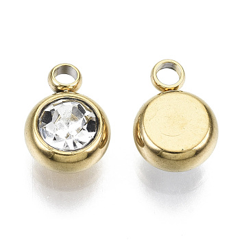Vacuum Plating 201 Stainless Steel Rhinestone Charms, Birthstone Charms, Flat Round, Real 18K Gold Plated, Crystal, 8.5x6x3mm, Hole: 1.5mm