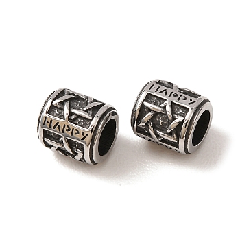 316 Surgical Stainless Steel European Beads, Large Hole Beads, Column with Word Happy, Antique Silver, Star of David, 9x8~8.5mm, Hole: 5mm
