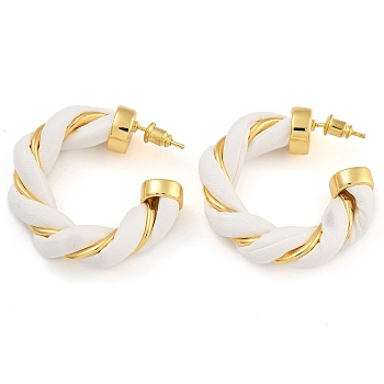 Brass & PU Leather Twist Stud Earrings, Real 18K Gold Plated, White, 40.5x8.5mm