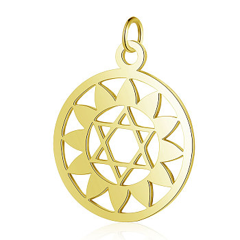 304 Stainless Steel Pendants, Chakra, Anahata, for Jewish, Flat Round with Flower & Star of David, Golden, 22.5x19x1mm, Hole: 3mm