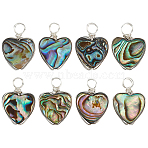 8Pcs Heart Abalone Shell/Paua Shell Pendants, with Round Copper Jewelry Wire, 19x15x3.3mm, Hole: 2.8mm(PALLOY-GO00048)