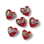 Handmade Gold Foil Glass Beads, Hand Painted Beads, Heart with Rose Flower, with Enamel, Red, 16.5x16.5~17x10.5~11mm, Hole: 1.6mm(LAMP-K039-43)