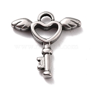 304 Stainless Steel Pendants, Key with Wings, Stainless Steel Color, 18x18x3mm, Hole: 2.5mm(STAS-B024-38P)