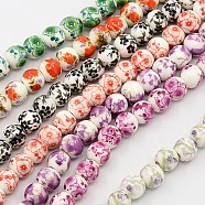 Handmade Printed Porcelain Round Beads Strands, with Flower Pattern, Mixed Color, 6mm, Hole: 2mm, about 60pcs/strand, 13.58 inch(PORC-L004-6mm-M)
