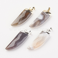 Natural Striped Agate/Banded Agate Pendants, with Brass Findings, Dagger, Faceted, Mixed Color, 34~35x10~11x4.5~5.5mm, Hole: 4x6mm(G-F527-08A)