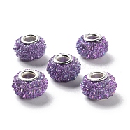 AB Color Resin Rose Flower European Beads, Rondelle Large Hole Beads, with Platinum Tone Alloy Double Cores, Dark Violet, 14x9mm, Hole: 5mm(RESI-M001-05C)