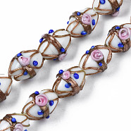 Handmade Gold Sand Lampwork Beads Strands, Ovald with Flower, Creamy White, 16~17x13~15x12~13mm, Hole: 1.4~1.8mm, about 30pcs/strand, 19.69 inch(50cm)(LAMP-N021-40A)