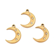 Ion Plating(IP) 304 Stainless Steel Pendants, with Crystal Rhinestone, Crescent Moon Charms, Golden, 18x13.5x2mm, Hole: 1.2mm(STAS-Q001-10G)