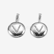 Brass Pendants, with Cubic Zirconia, Cadmium Free & Lead Free, Flat Round with Letter, Platinum, Letter.V, 22mm, Hole: 2x3mm, Pendant: 15x3mm(KK-K194-V-P-RS)