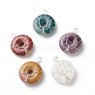 Natural Mixed Gemstone Pendants, with Eco-Friendly Copper Wire Wrapped, Donut/Pi Disc Charm with Tree, Silver, 40.5x31x10.5mm, Hole: 4.5mm(PALLOY-JF01822-02)