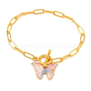 Butterfly Alloy Cellulose Acetate (Resin) Charm Bracelets, with Brass Paperclip Chains and Alloy Toggle Clasps, Golden, PeachPuff, 7-5/8 inch(19.5cm)(BJEW-JB05357-02)