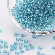 6/0 Glass Seed Beads, Silver Lined Round Hole, Round, Pale Turquoise, 4mm, Hole: 1.5mm, about 6639 pcs/pound(SEED-A005-4mm-23)