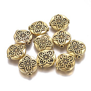 Tibetan Style Alloy Beads, Flat Round with Flower, Antique Golden, 14x13x4.5mm, Hole: 1.5mm(PALLOY-I168-06AG)