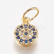 Brass Micro Pave Cubic Zirconia Charms, Flat Round, Blue, Golden, 9x6x2mm, Hole: 4mm(ZIRC-E145-07G)