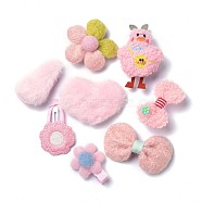 kids Hair Clips Sets, Iron Snap Hair Clips & Alligator Hair Clips, with Wool and Cloth, Flower & Duck & Teardrop & Heart & Bowknot, Pink, 43~74x32~55x3~25mm, 8pcs/set(PHAR-P006-A04)