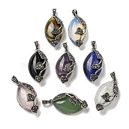 Natural & Synthetic Mixed Gemstone Horse Eye Pendants, Rack Plating Alloy Rhinestone Heart Leaf Charms, Antique Silver, Cadmium Free & Lead Free, Mixed Dyed and Undyed, 31x16x11.5mm, Hole: 5x3mm(G-F766-01AS)