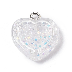 Transparent Resin Pendants, with Platinum Tone Iron Loops, Heart Charm with Glitter Powder and Paillette, White, 20x17.6x3.5mm, Hole: 2mm(RESI-C029-01D)