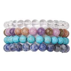 4Pcs Constellation 8mm Round Natural White Jade & Blue Spot Jasper, Synthetic Quartz Crystal & Turquoise Beaded Stretch Bracelets for Women, Aquarius, Inner Diameter: 2-1/4 inch(5.8cm)(BJEW-JB10631)