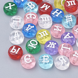 Transparent Acrylic Beads, Flat Round with Russian Alphabet, Mixed Color, 7x4mm, Hole: 1mm, about 3700pcs/500g(SACR-T338-09)