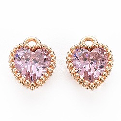 Brass Micro Pave Cubic Zirconia Charms, Nickel Free, Real 18K Gold Plated, Faceted Heart, Pink, 8x6x3.5mm, Hole: 1mm(KK-S356-773K)