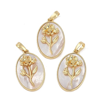 Rack Plating Brass Pave Shell Oval Pendants, Birth Flower Charms, Real 18K Gold Plated, Long-Lasting Plated, Lead Free & Cadmium Free, Seashell Color, 25.5x16x4.5~5.5mm, Hole: 5.5x3mm